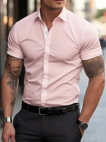 Manfinity Mode Men's Casual Solid Color Short Sleeve Shirt,Pink And White Contrast,Summer Business Work Muscle Fit Plain Polo,Formal Old Money Style For Commute - Pink - View 2