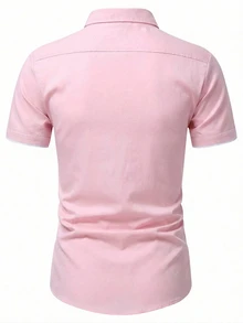 Manfinity Mode Men's Casual Solid Color Short Sleeve Shirt,Pink And White Contrast,Summer Business Work Muscle Fit Plain Polo,Formal Old Money Style For Commute - Pink - View 4