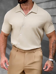 Manfinity Mode Kemeja Pria Lengan Pendek Warna Beige Polos untuk Musim Panas, Pakaian Kantor Kasual Elegan, Gaya Klasik, Potongan Longgar untuk Liburan, Pernikahan, Santai Sehari-hari & Perjalanan Akhir Pekan - Khaki - View 7