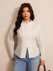 Elaquor Plus Size Women's Elegant Long Sleeve Shirt Frog Button Placket Brunch Wedding Guest Party Formal All White Fall Daily Going Out Office Outfits - Beige - View 5