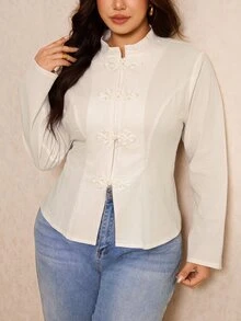 Elaquor Plus Size Women's Elegant Long Sleeve Shirt Frog Button Placket Brunch Wedding Guest Party Formal All White Fall Daily Going Out Office Outfits - Beige - View 1