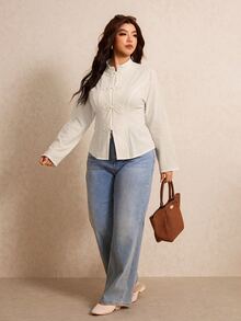 Elaquor Plus Size Women's Elegant Long Sleeve Shirt Frog Button Placket Brunch Wedding Guest Party Formal All White Fall Daily Going Out Office Outfits - Beige - View 4