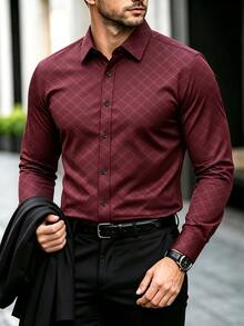 Manfinity Mode Men's Elegant Burgundy Solid Color Button Long Sleeve Shirt,Autumn Fashion Casual Business Commuting Formal Shirt For Wedding,Party - Burgundy - View 2