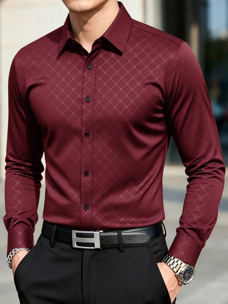 Manfinity Mode Men's Elegant Burgundy Solid Color Button Long Sleeve Shirt,Autumn Fashion Casual Business Commuting Formal Shirt For Wedding,Party - Burgundy - View 3