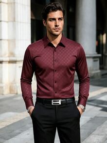 Manfinity Mode Men's Elegant Burgundy Solid Color Button Long Sleeve Shirt,Autumn Fashion Casual Business Commuting Formal Shirt For Wedding,Party - Burgundy - View 1