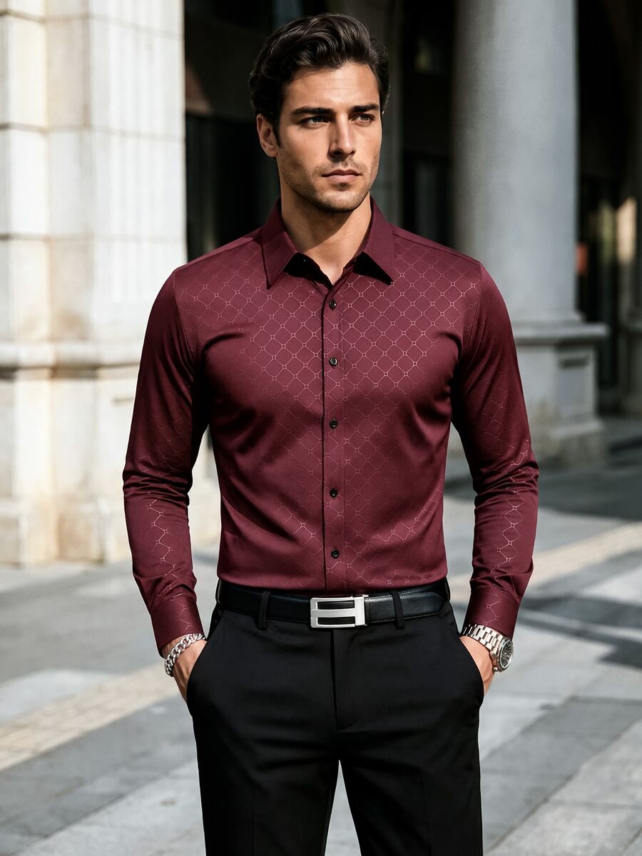 Manfinity Mode Men's Elegant Burgundy Solid Color Button Long Sleeve Shirt,Autumn Fashion Casual Business Commuting Formal Shirt For Wedding,Party - Burgundy - View 1