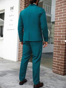 Manfinity Mode 男士大尺碼素色缺口領單排扣西裝外套與長褲休閒正式套裝，儀式適用 - 水鴨藍 - 查看 6