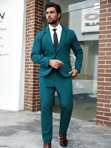 Manfinity Mode 男士大尺碼素色缺口領單排扣西裝外套與長褲休閒正式套裝，儀式適用 - 水鴨藍 - 查看 1