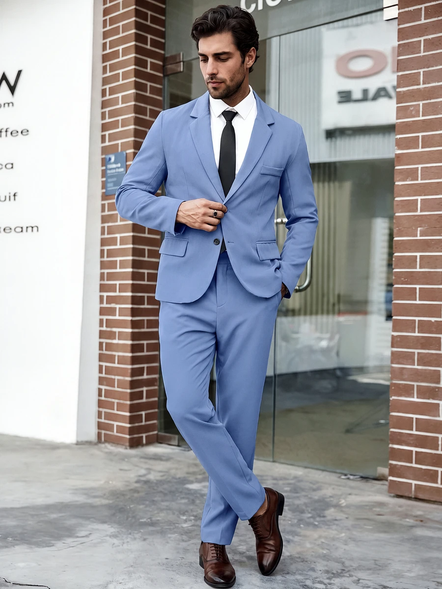 Manfinity Mode 男士大尺碼純色翻領修身商務正式西裝外套與長褲套裝,儀式適用 - 藍色 - 查看 1