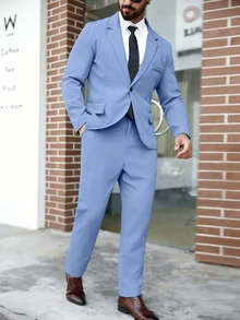 Manfinity Mode 男士大尺碼純色翻領修身商務正式西裝外套與長褲套裝，儀式適用 - 藍色 - 查看 5