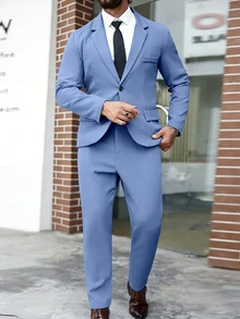 Manfinity Mode 男士大尺碼純色翻領修身商務正式西裝外套與長褲套裝，儀式適用 - 藍色 - 查看 2