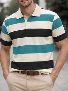 Manfinity Mode Men's Short Sleeve Striped Textured Fabric Polo Shirt, Suitable For Office, Outings And Gatherings - Multicolor - View 2