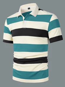 Manfinity Mode Men's Short Sleeve Striped Textured Fabric Polo Shirt, Suitable For Office, Outings And Gatherings - Multicolor - View 5