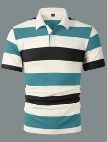 Manfinity Mode Men's Short Sleeve Striped Textured Fabric Polo Shirt, Suitable For Office, Outings And Gatherings - Multicolor - View 4