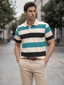 Manfinity Mode Men's Short Sleeve Striped Textured Fabric Polo Shirt, Suitable For Office, Outings And Gatherings - Multicolor - View 1