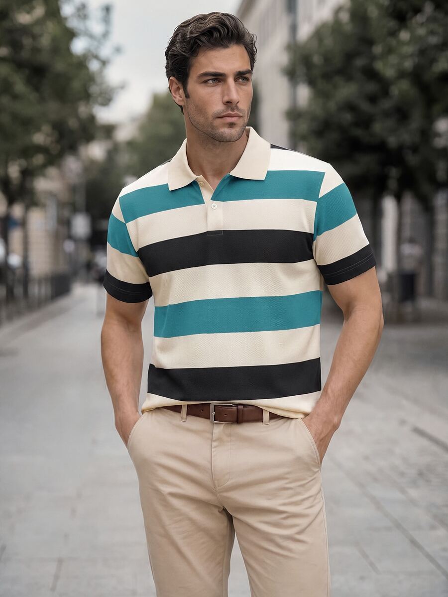 Manfinity Mode Men's Short Sleeve Striped Textured Fabric Polo Shirt, Suitable For Office, Outings And Gatherings - Multicolor - View 1