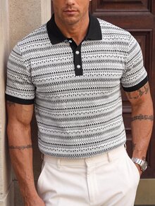 Manfinity Mode 2026 Spring Summer Men Vintage Casual Modest Fair Isle Knit Polo Shirt, White And Black Retro Contrast Color Breathable Vacation, Formal, Golf - Multicolor - View 2