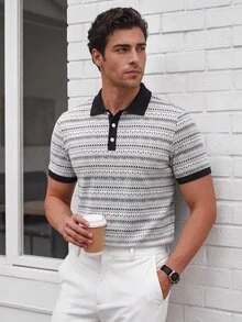 Manfinity Mode 2026 Spring Summer Men Vintage Casual Modest Fair Isle Knit Polo Shirt, White And Black Retro Contrast Color Breathable Vacation, Formal, Golf - Multicolor - View 1