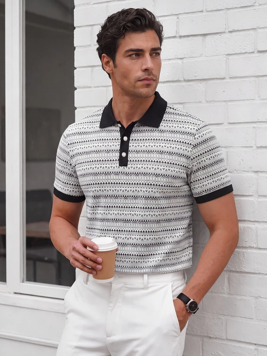 Manfinity Mode 2026 Spring Summer Men Vintage Casual Modest Fair Isle Knit Polo Shirt, White And Black Retro Contrast Color Breathable Vacation, Formal, Golf - Multicolor - View 1