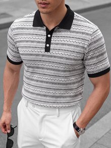 Manfinity Mode 2026 Spring Summer Men Vintage Casual Modest Fair Isle Knit Polo Shirt, White And Black Retro Contrast Color Breathable Vacation, Formal, Golf - Multicolor - View 3