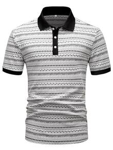 Manfinity Mode 2026 Spring Summer Men Vintage Casual Modest Fair Isle Knit Polo Shirt, White And Black Retro Contrast Color Breathable Vacation, Formal, Golf - Multicolor - View 5