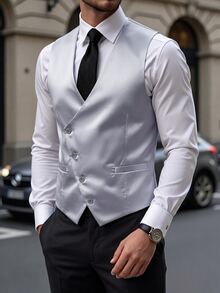 Manfinity Mode Men's Solid Color Single-Breasted Casual Commuter Waistcoat, Formal - Grey - View 2