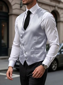 Manfinity Mode Men's Solid Color Single-Breasted Casual Commuter Waistcoat, Formal - Grey - View 5