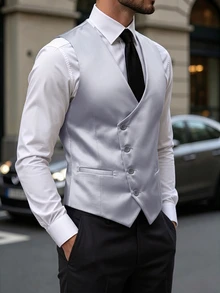 Manfinity Mode Men's Solid Color Single-Breasted Casual Commuter Waistcoat, Formal - Grey - View 3