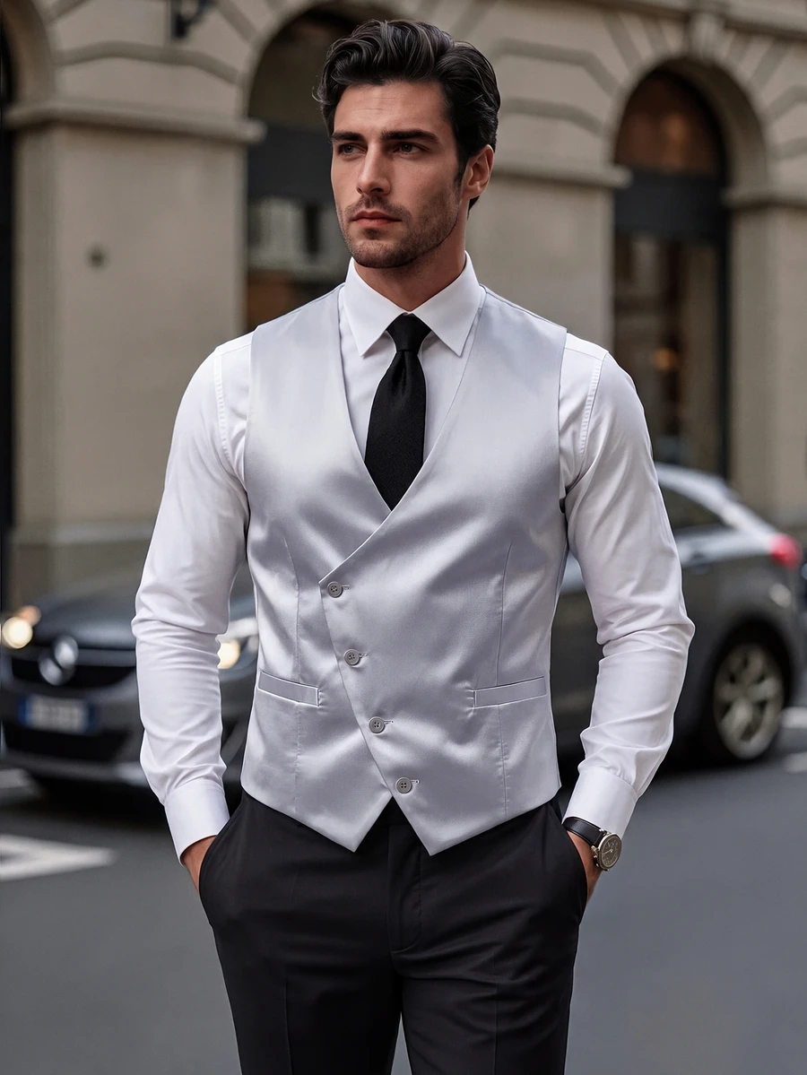 Manfinity Mode Men's Solid Color Single-Breasted Casual Commuter Waistcoat, Formal - Grey - View 1