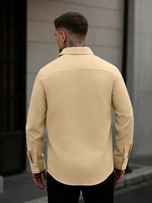 Manfinity Mode Men's Slim Fit Pleated Business Long Sleeve Shirt, Formal, Old Money - Khaki - View 5