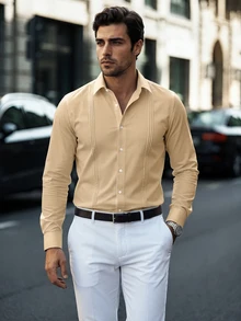 Manfinity Mode Men's Slim Fit Pleated Business Long Sleeve Shirt, Formal, Old Money - Khaki - View 1