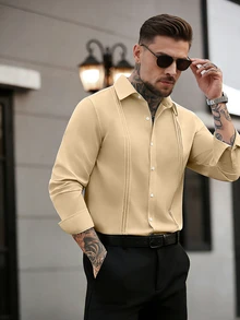 Manfinity Mode Men's Slim Fit Pleated Business Long Sleeve Shirt, Formal, Old Money - Khaki - View 4