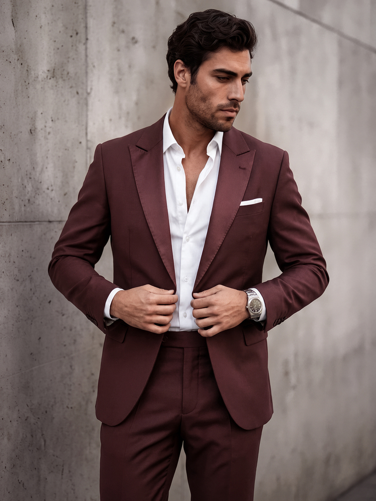 Manfinity Mode Men's Brown Satin Peak Lapel Suit Jacket, Shiny Patchwork Formal Casual Business Style - Rust Brown - View 1