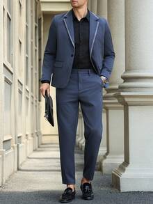 Manfinity Mode Plus Size Men's Business Casual Contrast Trim Collar Suit Jacket And Pants Set - Navy Blue - View 4