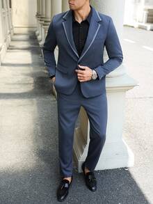 Manfinity Mode Plus Size Men's Business Casual Contrast Trim Collar Suit Jacket And Pants Set - Navy Blue - View 8