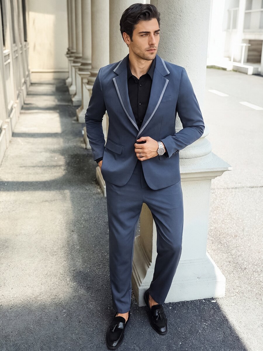 Manfinity Mode Plus Size Men's Business Casual Contrast Trim Collar Suit Jacket And Pants Set - Navy Blue - View 1