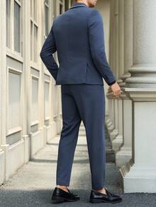 Manfinity Mode Plus Size Men's Business Casual Contrast Trim Collar Suit Jacket And Pants Set - Navy Blue - View 6