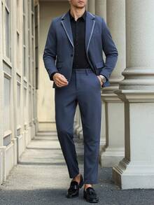 Manfinity Mode Plus Size Men's Business Casual Contrast Trim Collar Suit Jacket And Pants Set - Navy Blue - View 5