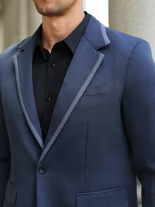 Manfinity Mode Plus Size Men's Business Casual Contrast Trim Collar Suit Jacket And Pants Set - Navy Blue - View 9