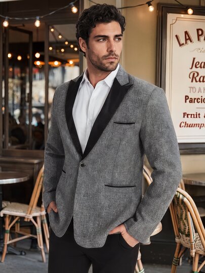 Manfinity Mode Blazer de un solo abotonadura con solapa de pico para caballero, traje informal para hombre