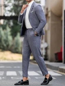 Manfinity Mode Plus Size Men's Mottled Lapel Long Sleeve Jacket And Pants Suit Set - Blue - View 3