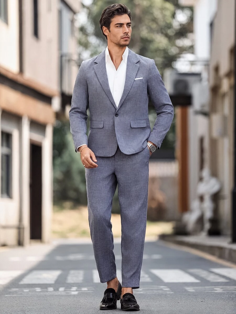Manfinity Mode Plus Size Men's Mottled Lapel Long Sleeve Jacket And Pants Suit Set - Blue - View 1