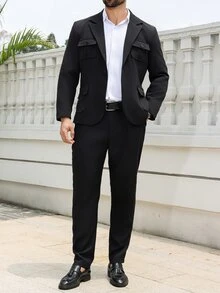 Manfinity Mode Conjunto de blazer y pantalones de talla grande para hombre de unicolor con cuello de solapa y manga larga - Negro - Ver 2