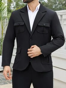 Manfinity Mode Conjunto de blazer y pantalones de talla grande para hombre de unicolor con cuello de solapa y manga larga - Negro - Ver 3