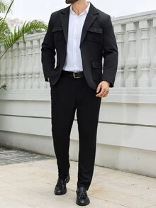 Manfinity Mode Conjunto de blazer y pantalones de talla grande para hombre de unicolor con cuello de solapa y manga larga - Negro - Ver 5