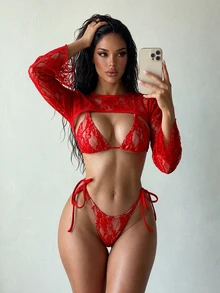 SHEIN Swim 女士泳装套装，时尚性感蕾丝系带比基尼，侧系带三角泳裤+蕾丝喇叭袖罩衫，沙滩度假必备单品 - 紅色 - 查看 2
