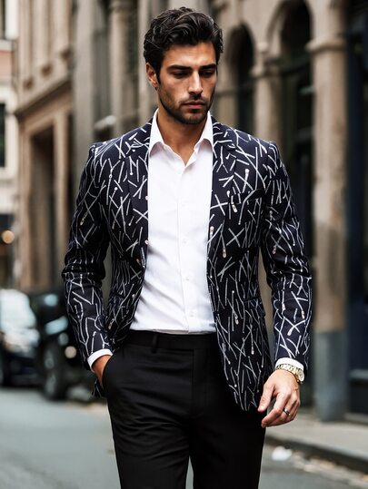 Manfinity Mode Men's All-Over Abstract Print Lapel Collar Long Sleeve Casual Business Suit Jacket Blazer,Black And White,Summer,Elegant,Party Blazer For Men