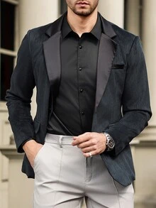 Manfinity Mode Chaqueta de traje de negocios de solapa única para hombre, con estampado jaspeado, para viajes - Negro - Ver 4