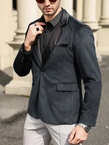 Manfinity Mode Chaqueta de traje de negocios de solapa única para hombre, con estampado jaspeado, para viajes - Negro - Ver 3
