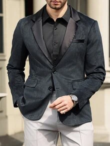 Manfinity Mode Chaqueta de traje de negocios de solapa única para hombre, con estampado jaspeado, para viajes - Negro - Ver 2